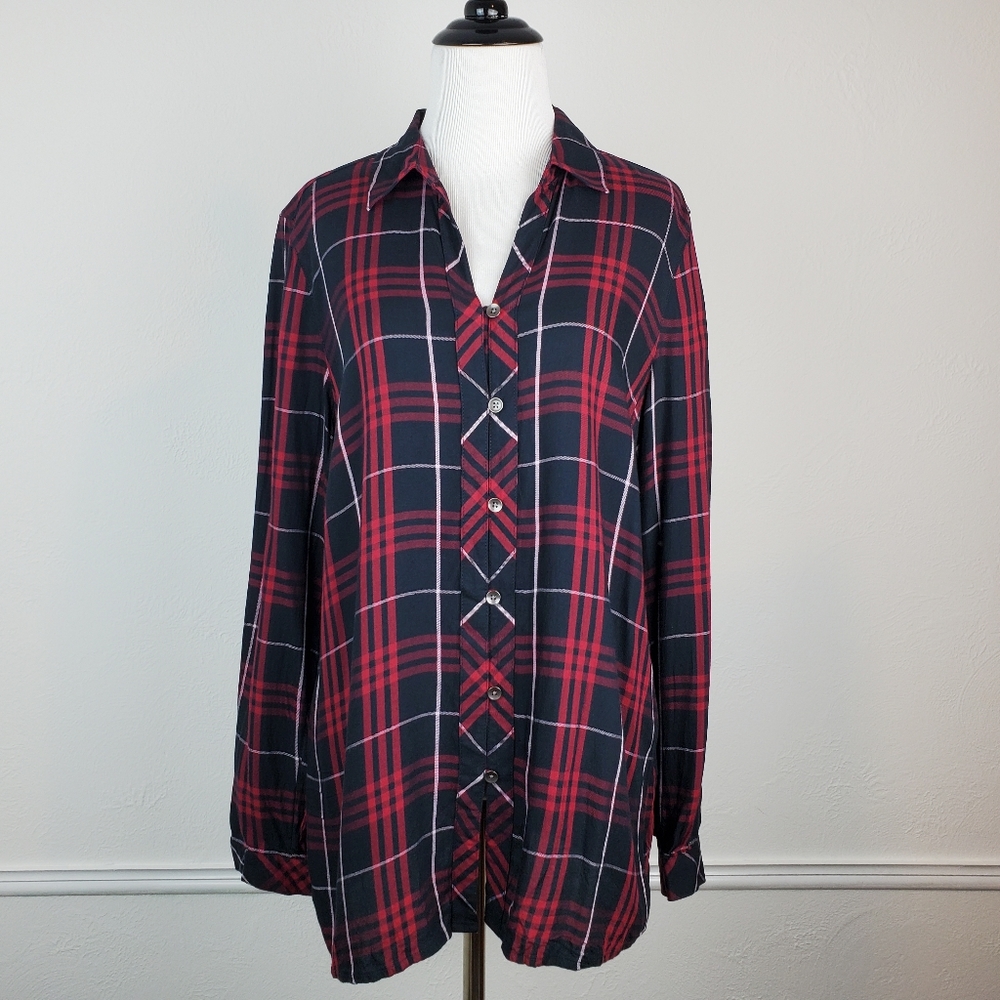 J Jill Plaid Shirt Top Button Front Red Black Fall Spring Western Boho Folksy
